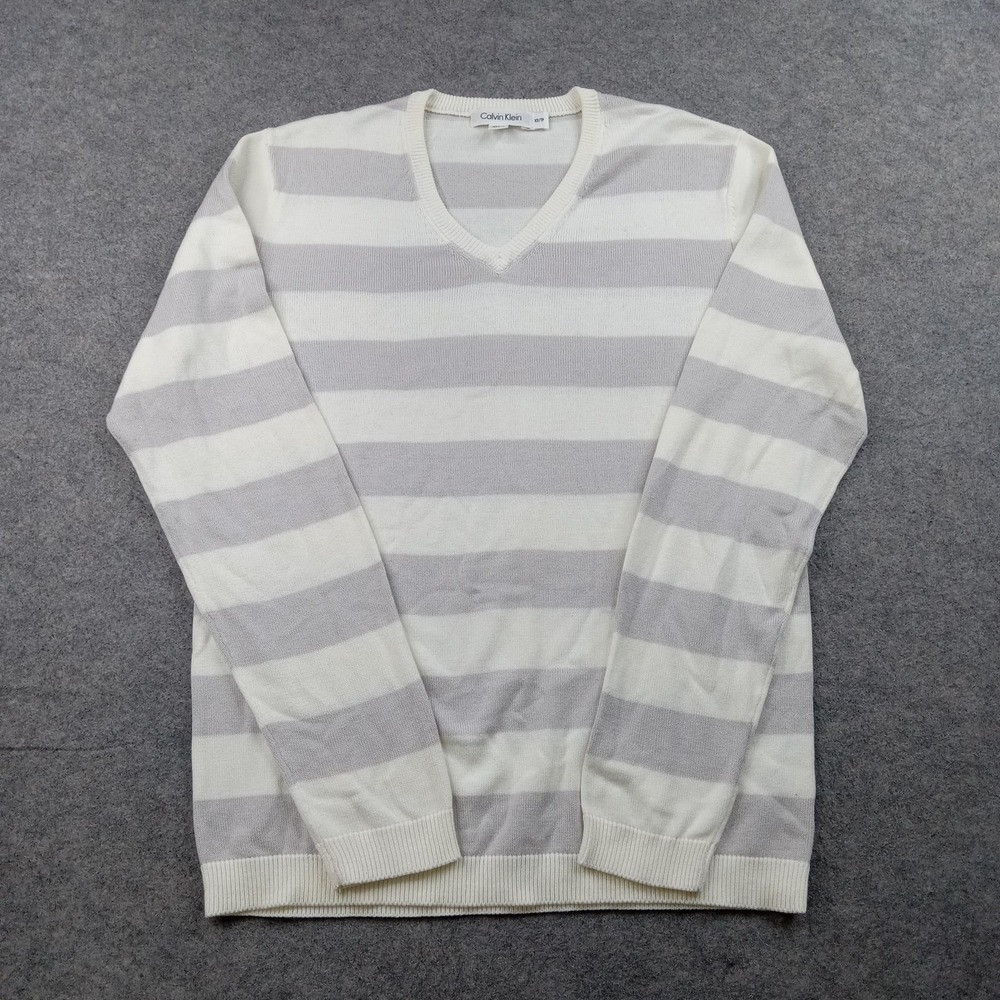 Calvin Klein Sweater Womens XS White Gray Stripe V Neck Long Sleeve Pullover